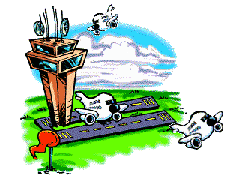 cartoon of Airport Tower,
the runway, airplanes taking off