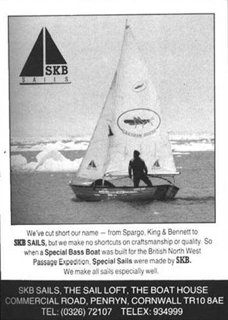 Advertisement put out by SKB Sails at the time of the NW passage attempt.