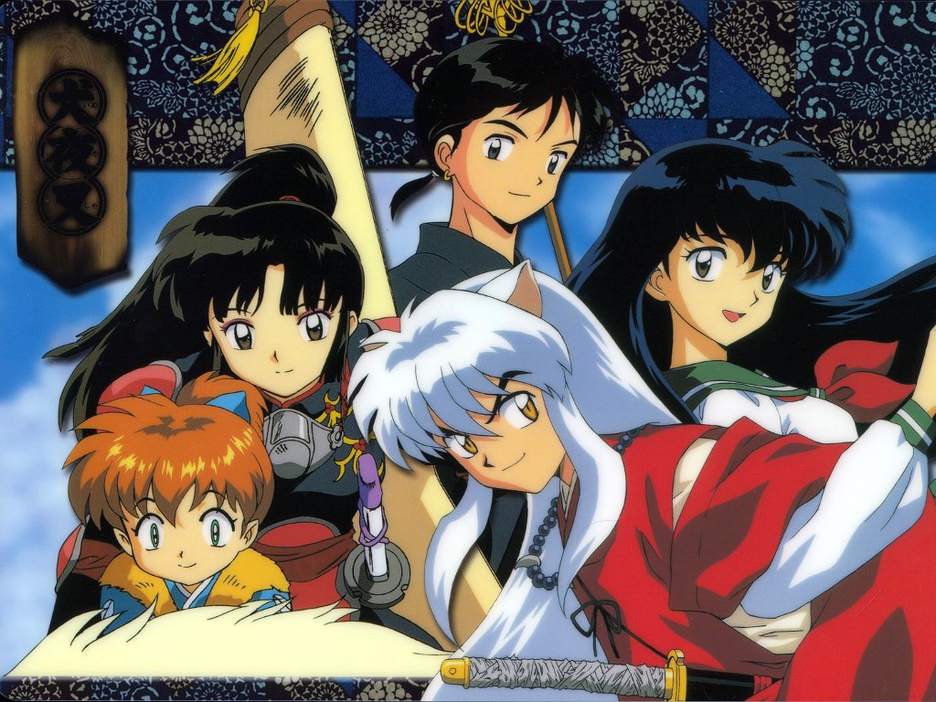 Shippo, Sango, Miroku, Kagome, InuYasha, and what looks like Kirara's tail, clockwise from the redhaired midget