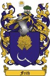 Frith Arms: Azure with two crossed wheatsheaves or and a sickle in base.
