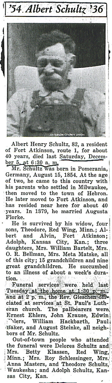 Albert Schultz Obituary 1936