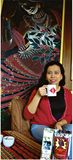 happily sipping coffee