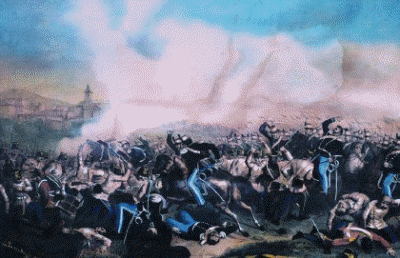 Piedmontese cavalry attack Austrian infantry at the battle of Montebello.