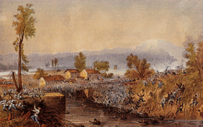 The battle of Palestro: French zouaves force Austrian infantry back across the Ponte della Brida.