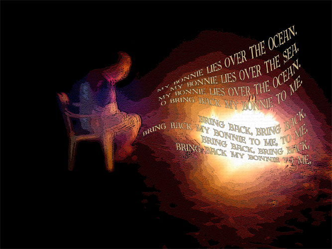 Bonfire delights under the moonlit shores of Nasugbu, Batangas where an old man is found toasting his end of his marshmallow stick sans marshmallow reminiscing to the tune of "My Bonnie Lies Over the Ocean".