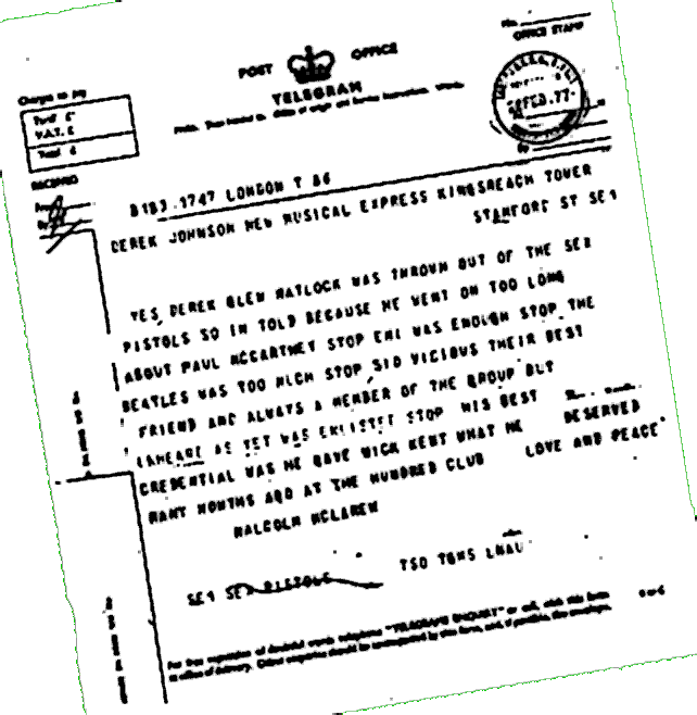 Telegram sent to the Music press