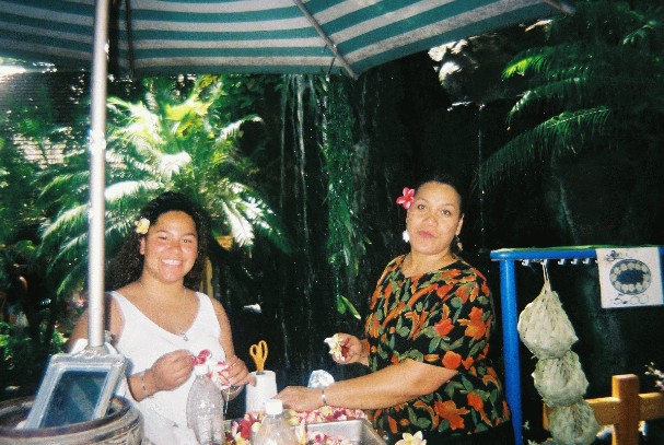 Margaret & Pam, making Mom's leis.