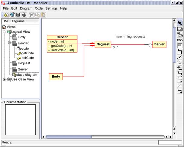 Umbrello UML Modeller mostrando un diagrama de clases