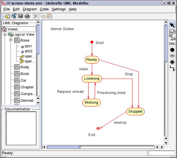 Umbrello UML Modeller mostrando un diagrama de estado