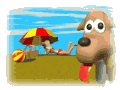 Na praia deserta, ela e o cachorrinho.