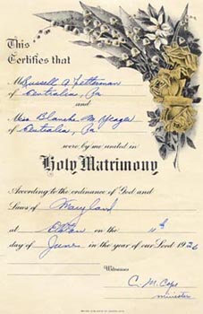 Copy of Russell and Blanche Yeager Fetterman's Wedding Certificate