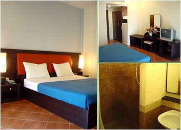 Studio units' interior, bathroom, refrigerator, TV, DSL Internet connection. -- Vegetarian Festival Phuket. Vegetarishes Fest, Rohkost, Reise, Gourmet, cuisine, Unterkunft, Zimmer, Pension, accomodations, room, boutique hotel, mansion, best, budget, backpacker, alternative