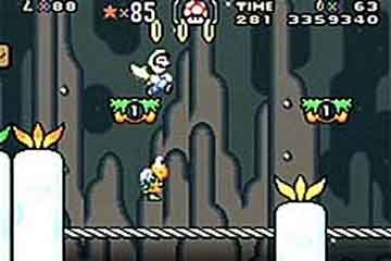 Super Mario World: Caped Luigi jumps above the gay turtle.
