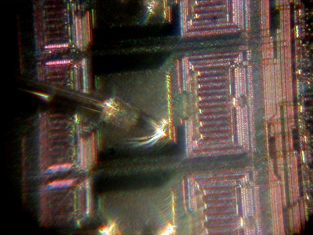 particolare delle connessioni ohmiche interne a filo d'oro con relative resistenze integrate a serpentina; ingrandimento: 160 X