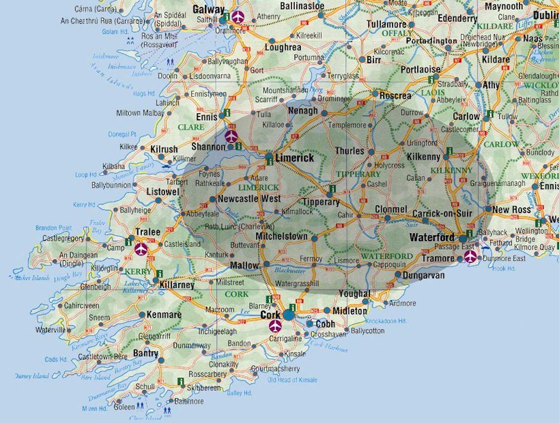 Map of South East Ireland - Waterford City to North Clare - Fennessy family origins