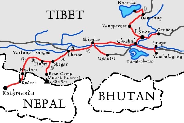 Kaart van de gevolgde route door Tibet, van Lhasa naar Kathmandu