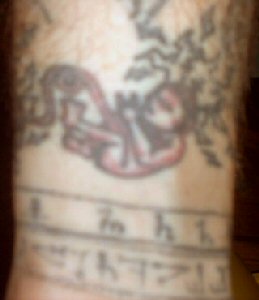 Here you can see a fetus with exposed brain wich is being pierced by syringes, the umbilical cord leads to a broken telivision set. This is located on my left wrist.