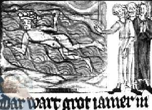 [Barbarossa ertrinkt im Salef - aus der S�chsischen Weltchronik]