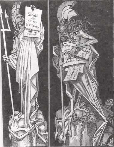 [Karikatur: Trotski rei�t den Entente-M�chten die Maske vom Gesicht, indem er die mit dem Tsarenreich geschlossenen Geheimvertr�ge ver�ffentlicht]