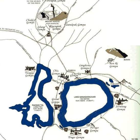 [moderne Karte der Gegend 
um den Berg Kailash und den heiligen See Mansarowar]