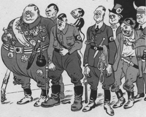 [Göring, Hess, Hitler mit Goebbels, Himmler, Ribbentrop, 'Reichstrunkenbold' Ley, Rosenberg]