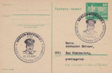 [Postkarte zu 10 Pf der Deutschen 'Demokratischen' Republik, a.k.a. 'DDR', zum 75. Jahrestag der Kpenickiade]