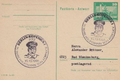 [Postkarte zu 10 Pf der Deutschen 'Demokratischen' Republik, a.k.a. 'DDR', zum 75. Jahrestag der Kpenickiade]