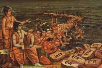 [Hanumans Affen bauen eine Br�cke nach Ceylon aus Steinen, auf denen jeweils der Name 'Raam' geschrieben steht]