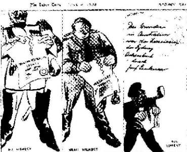 [australische Karikatur: Wilhelm II - Hitler - Luckner]