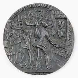 [Der Tod verkauft amerikanischen Zivilisten Fahrkarten auf dem als Passagierdampfer getarnten Hilfskreuzer und Munitionstransporter 'Lusitania' - Medaille von K. Goetz]