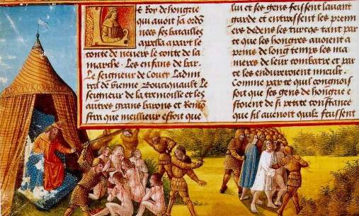 [Türken mißhandeln und ermorden christliche Gefangene nach der Schlacht von Nikopolis 1396, zeitgenössische Darstellung]