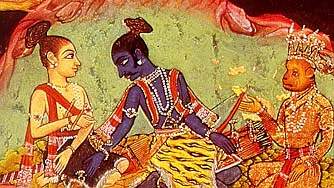 [von links nach rechts: die großäugige Sita, der dunkelhäutige Ram und der Affen-'König' Hanuman]