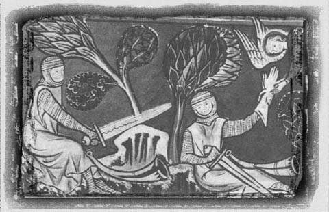 [links: Roland versucht vergeblich, Durendal zu zerstren, um es nicht in Feindeshand fallen zu lassen; rechts: Roland reicht seinen Handschuh zurck, ein Engel nimmt ihn entgegen]