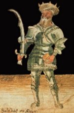 [Saladin, spätere - historisch falsche - Darstellung. Die Rüstungen aus geschmiedeten Panzerplatten gab es noch nicht, sonst wären die nur als Hieb-, nicht aber als Stichwaffen zu gebrauchenden Krummschwerter wirkungslos gewesen; damals trugen die Ritter auf beiden Seiten nur Kettenhemden]