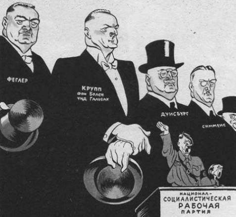 [Karikatur: Hitler und Goebbels als Marionetten von Vögler, Krupp, Duisburg und Siemens]