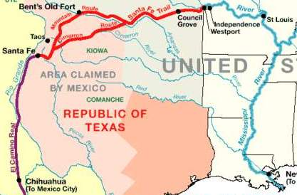 [Der alte 'Santa F� trail' und der 'Camino Real (K�nigsweg)'. 
Im Westen - nicht gekennzeichnet - das Gebiet der Mescalero-Apatschen]