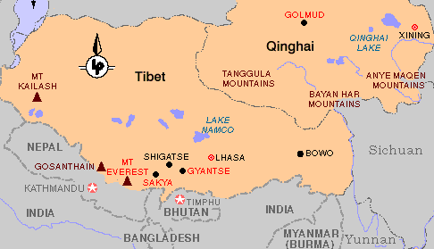 [Tibet und 'Qinghai' - rechts oben der Kuku-nor (Blauer See), nach 
dem die Chinesen die abgetrennte tibetische Provinz Amdo benannt haben]
