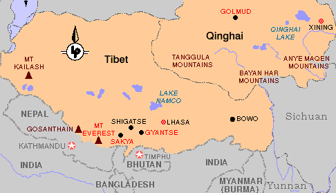 [Tibet und 'Qinghai' - rechts oben der Kuku-nor (Blauer See), nach 
dem die Chinesen die abgetrennte tibetische Provinz Amdo benannt haben]