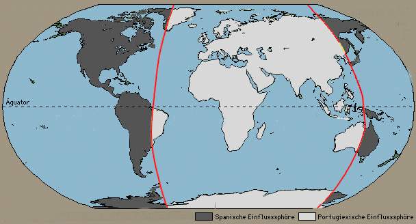 [Die Weltverteilung nach dem Vertrag von Tordesillas 1494: Grönland, Brasilien, Afrika, Indien und China fielen in die portugiesische 'Einflußsfäre'/Wirtschaftszone]