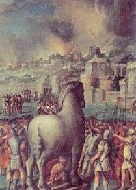 [Trojanisches Pferd vor brennendem Troja]