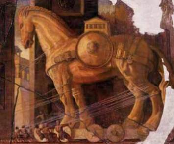 [Troier ziehen das Holzpferd in die Stadt]