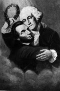 [Washington �bergibt Lincoln anl��lich dessen Himmelfahrt seinen Lorbeerkranz und erhebt ihn so zum neuen 'pater patriae']