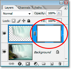 Description: Photoshop's Layers palette now showing the layer mask thumbnail on the waterfall layer.