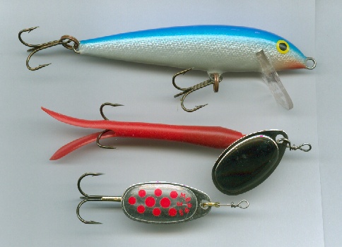 Blue Rapala, Red/Silver Flying C, Red/Silver Mepps.