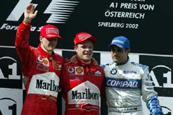 Schumacher, Barrichello, Montoya on podium 
