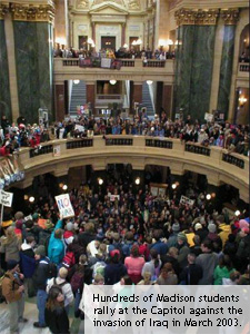 Current UW-Madison students protest the Iraq invasion at the Capitol.
