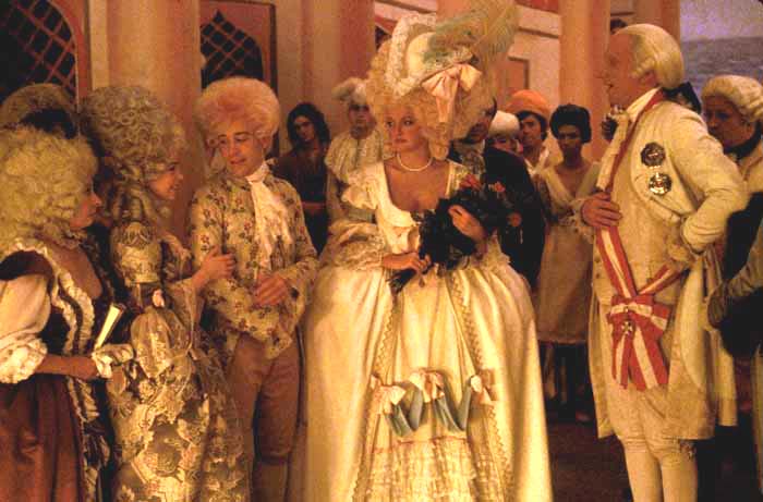 Barbara Bryne, Elizabeth Berridge, Tom Hulce, Christine Ebersole, and Jeffrey Jones in an amusing scene from "Amadeus".