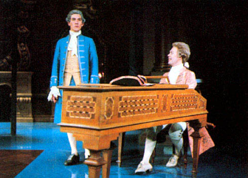 Sir Ian McKellan (Salieri) and Tim Curry (Mozart) in the original New York production (1980-81).&nbsp; Jane Seymour portrayed Constanze.