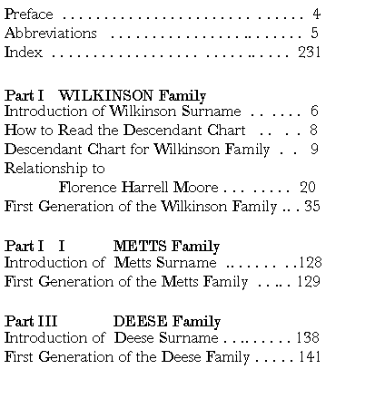 Text Box: Preface  . . . . . . . . . . . . . . . . . . . . . . .  . . . . . .  4Abbreviations   . . . . . . . . . . . . . . . . .. . . . . . .  5Index  . . . . . . . . . . . . . . . . . .  . . . . . .. . . . .  231Part I 	WILKINSON FamilyIntroduction of Wilkinson Surname  . .  . . . .  6 How to Read the Descendant Chart   . .   .  .  8Descendant Chart for Wilkinson Family  .  .   9Relationship to 	Florence Harrell Moore . . .  . . . . .  20First Generation of the Wilkinson Family .. . 35Part I	I	METTS FamilyIntroduction of  Metts Surname  .. . . . . .  . .128First Generation of the Metts Family  . . .. . 129Part III	DEESE FamilyIntroduction of  Deese Surname . . .. . . . . . 138First Generation of the Deese Family . . . . . 141