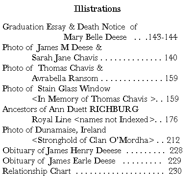 Text Box: IllistrationsGraduation Essay & Death Notice  of		 Mary Belle Deese   . .  .143-144Photo of  James M Deese & 	Sarah Jane Chavis . . . . . . . . . . . . . . 140Photo of  Thomas Chavis & 	Avrabella Ransom . . . . . . . . . . . . . . 159Photo of  Stain Glass Window 	<In Memory of Thomas Chavis >. . 159Ancestors of Ann Duett RICHBURG 	Royal Line <names not Indexed>. . 176Photo of Dunamaise, Ireland 	<Stronghold of Clan O�Mordha> . . 212Obituary of James Henry Deeese  . . . . . . . . .  228Obituary of  James Earle Deese   . . . . . . . . .   229Relationship Chart  . . . . . . . . . . . . . . . . . . . .  230